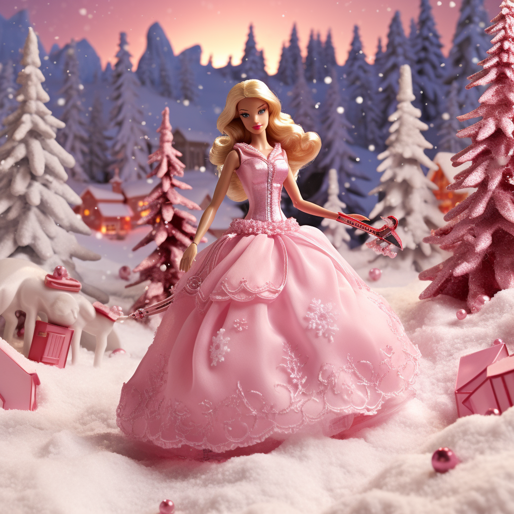 Barbie enjoying snowy Christmas by pink tree