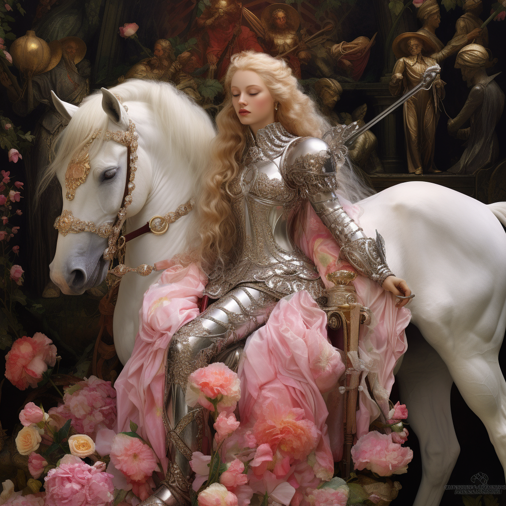 Barbie doll knight riding unicorn, enjoying apple