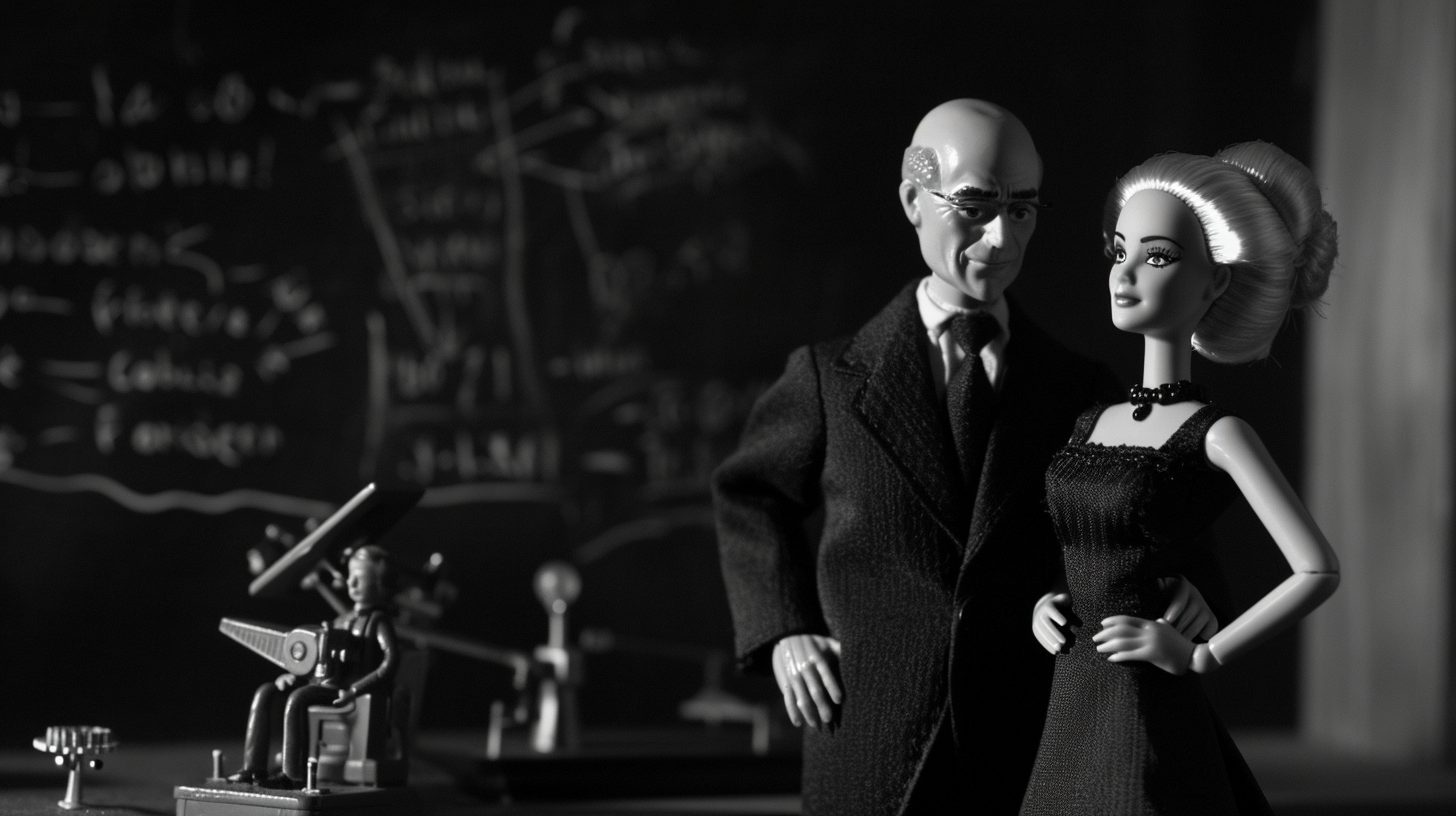 Barbie and Robert Oppenheimer at Chalkboard