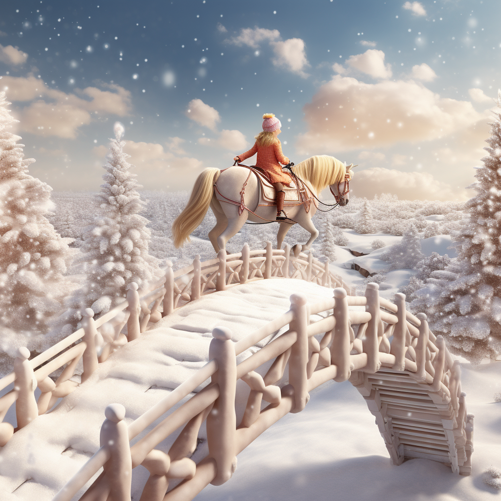 Barbie riding toy horse on snowy bridge