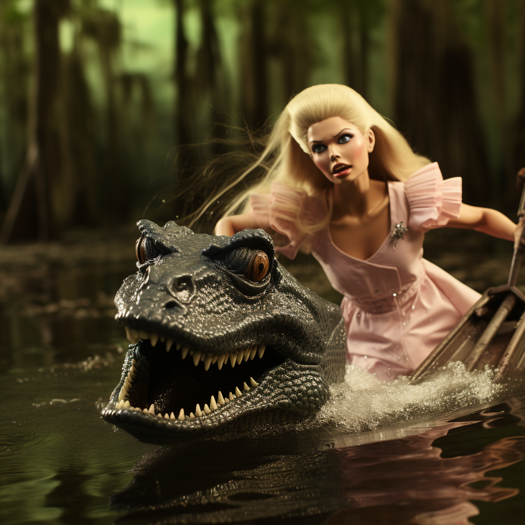 Barbie being chased by alligator in swamp