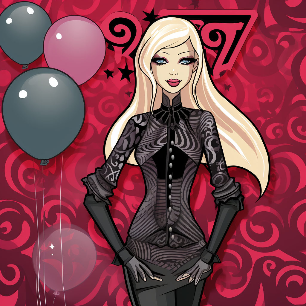 Illustration of Blonde Barbie in Addams Family Clothing