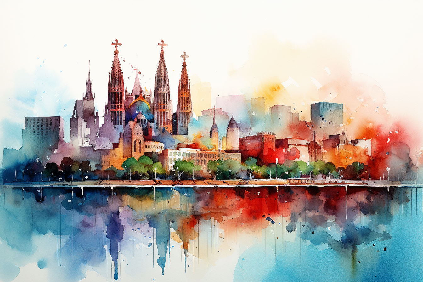 Watercolor Skyline Barcelona Fabio Cembranelli