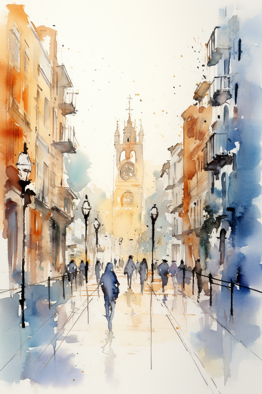 Minimalist watercolor sketch of a bustling Barcelona street