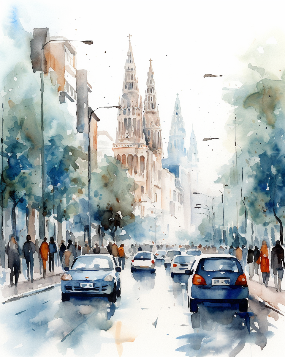 Minimalist watercolor sketch of a busy Barcelona street