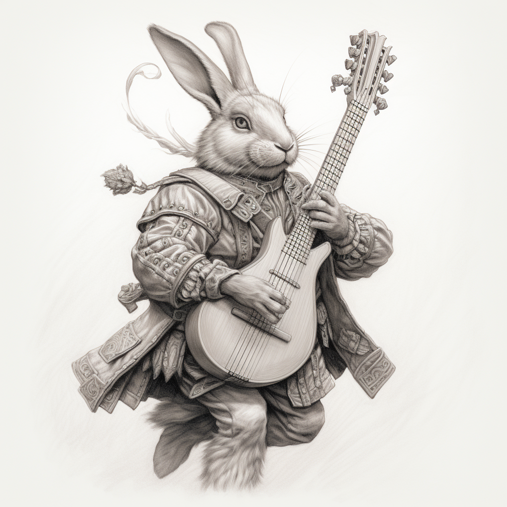 Dungeons and Dragons Rabbit Bard playing lute with dagger