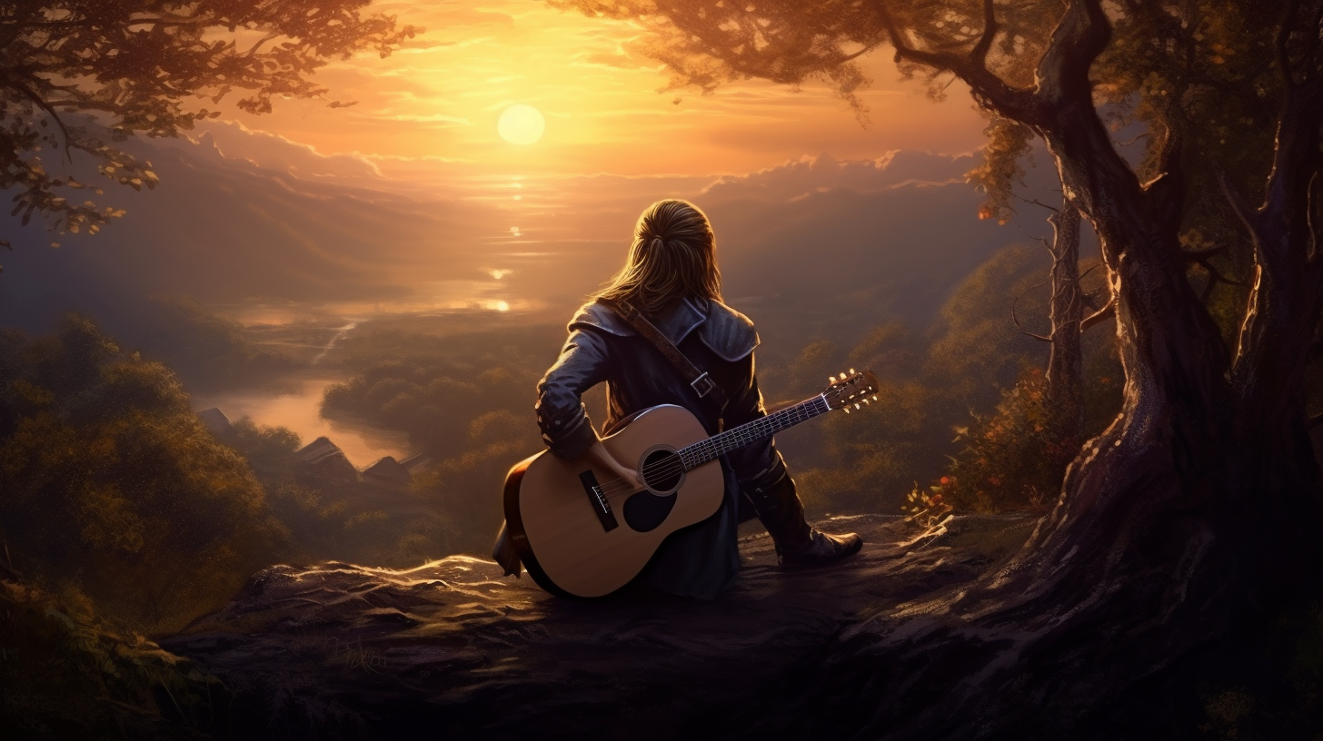 Bard with ponytail in forest sunset holding guitar