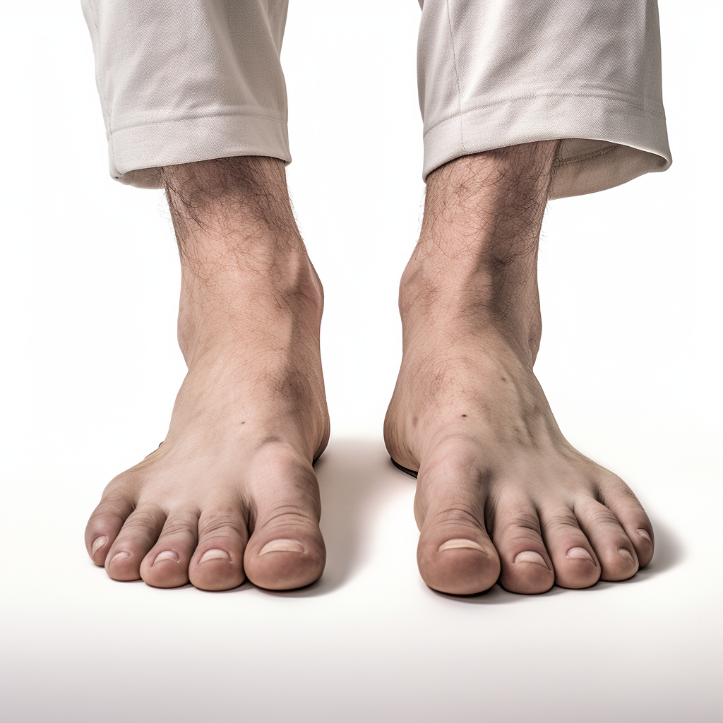 Barefoot man's feet on white background