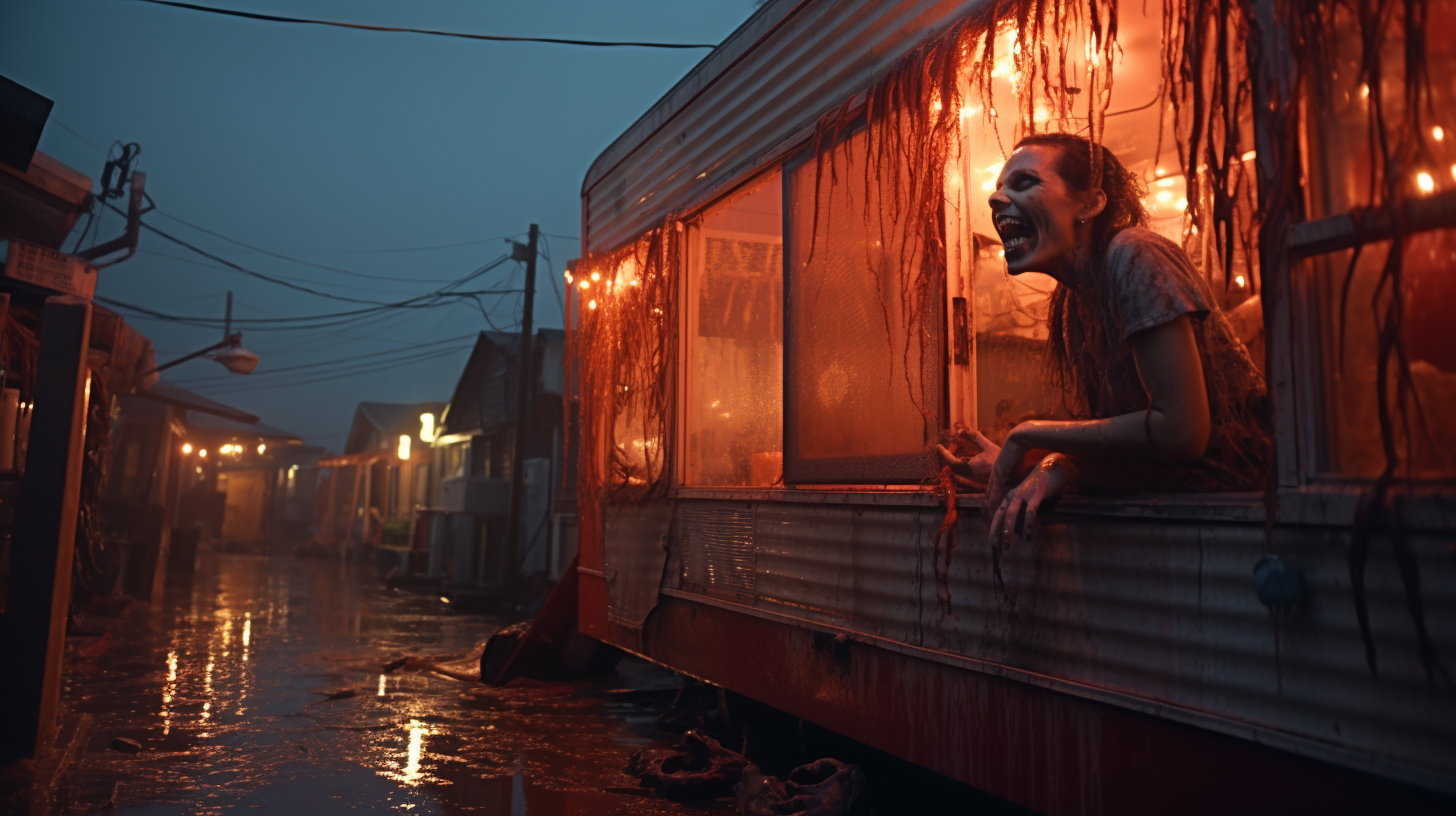 Haunted barefoot woman laughing in trailer park