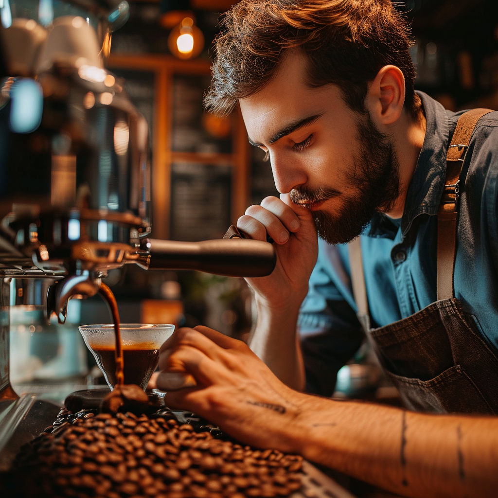 Barista smelling freshly blended coffee beans