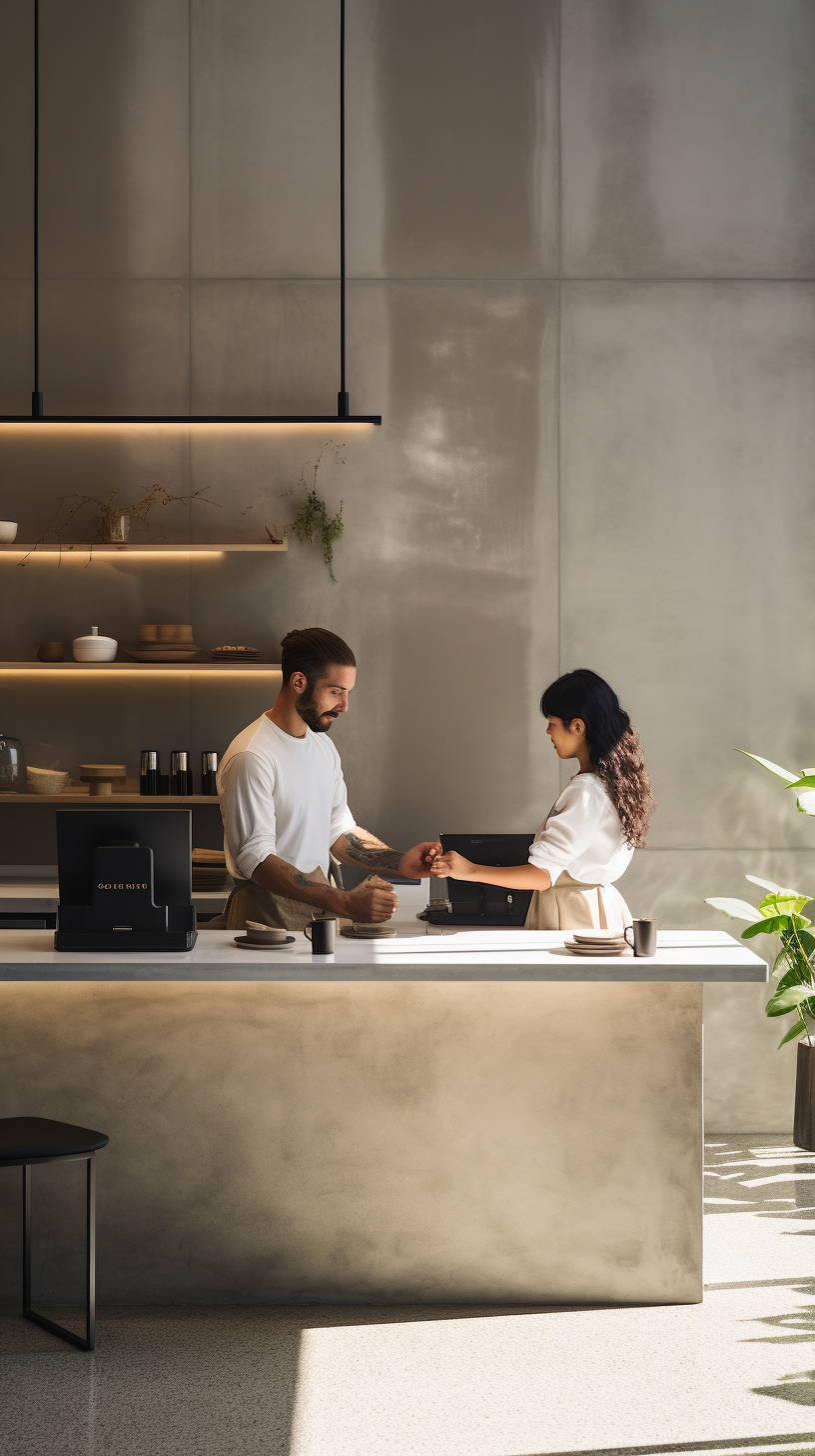 Barista and client talking in coffee shop