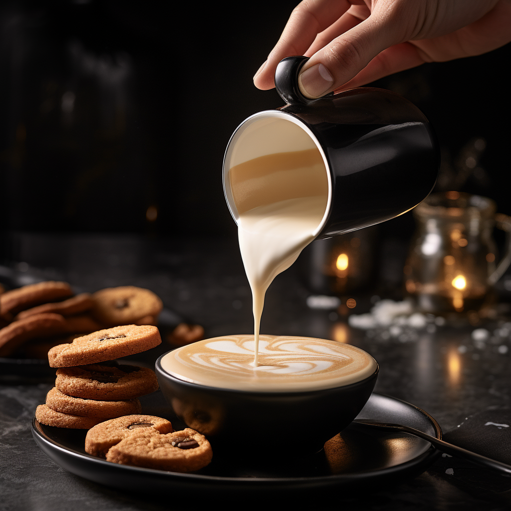 Barista pouring milk into black coffee