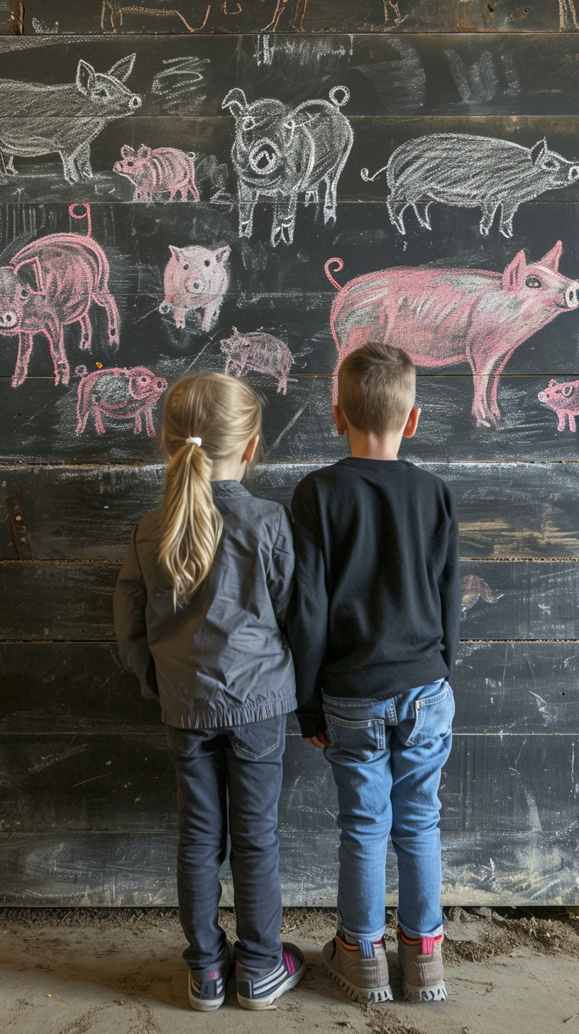 Happy kids with pink pigs chalk drawings