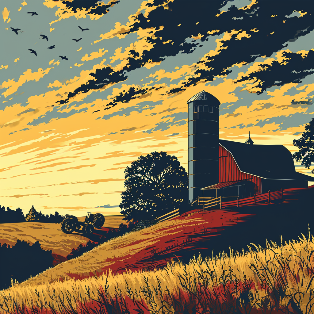 Colorful barn with silo and tractor