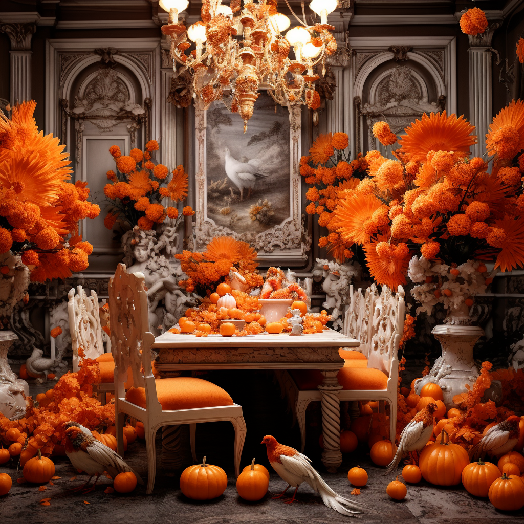 Baroque Grandeur with Orange Chicks, Chandler, Chairs, Table, Flowers, and Foods