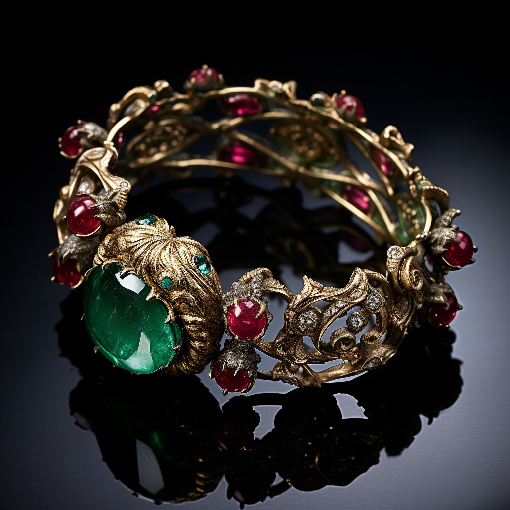 Stunning baroque bracelet with emerald and ruby gemstones