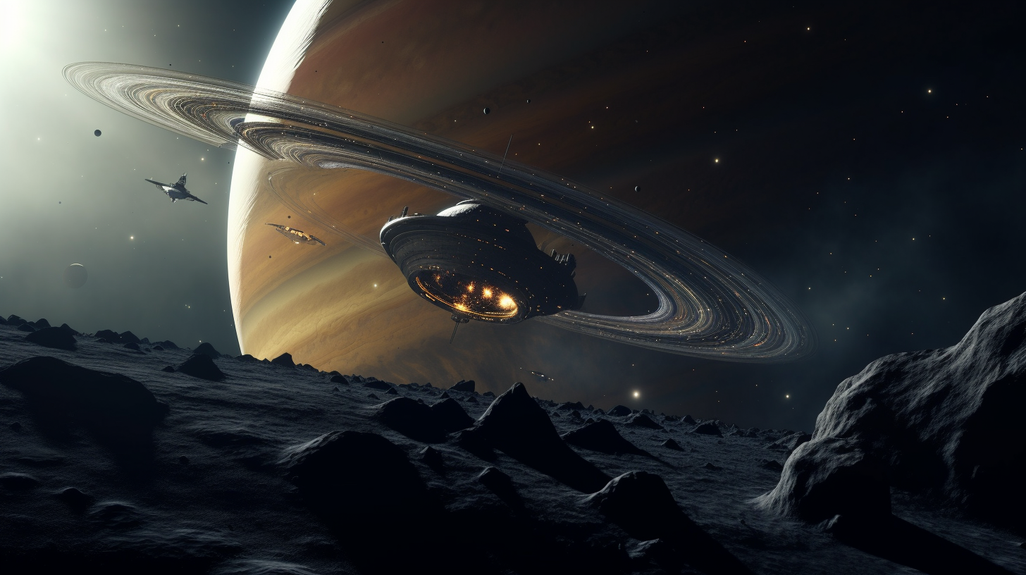 Barren planet with craters and Saturn in the background, with a small spaceship flying by