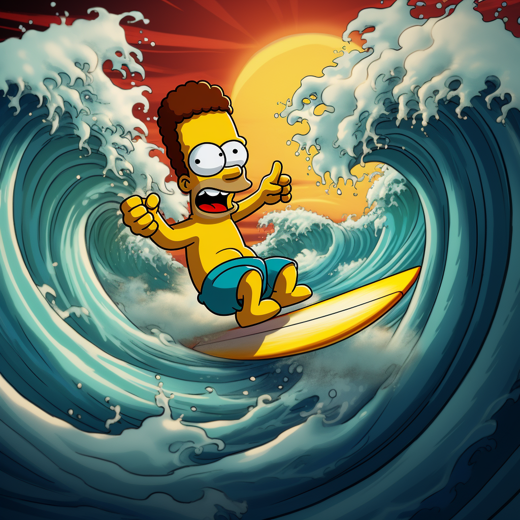 Cartoon Bart Simpson surfing a big wave