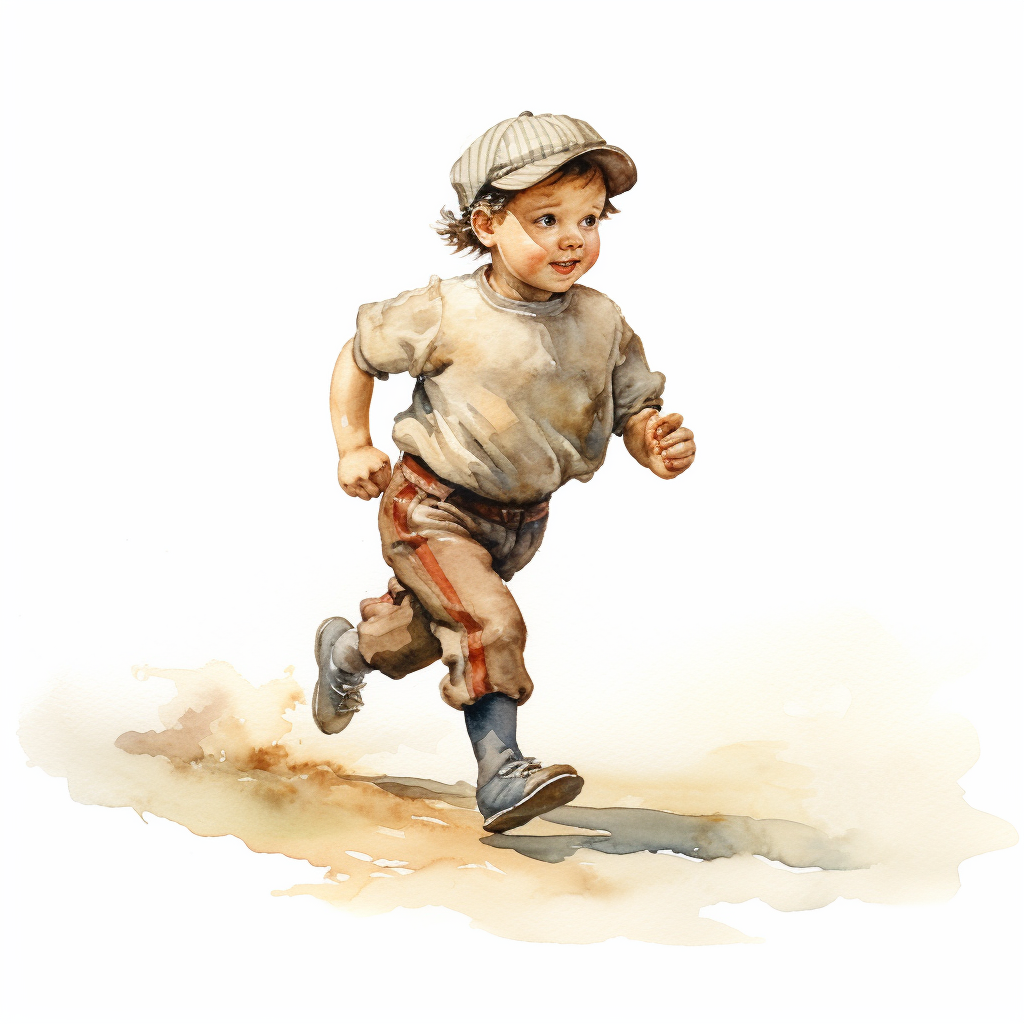 Little baseball player running in watercolor