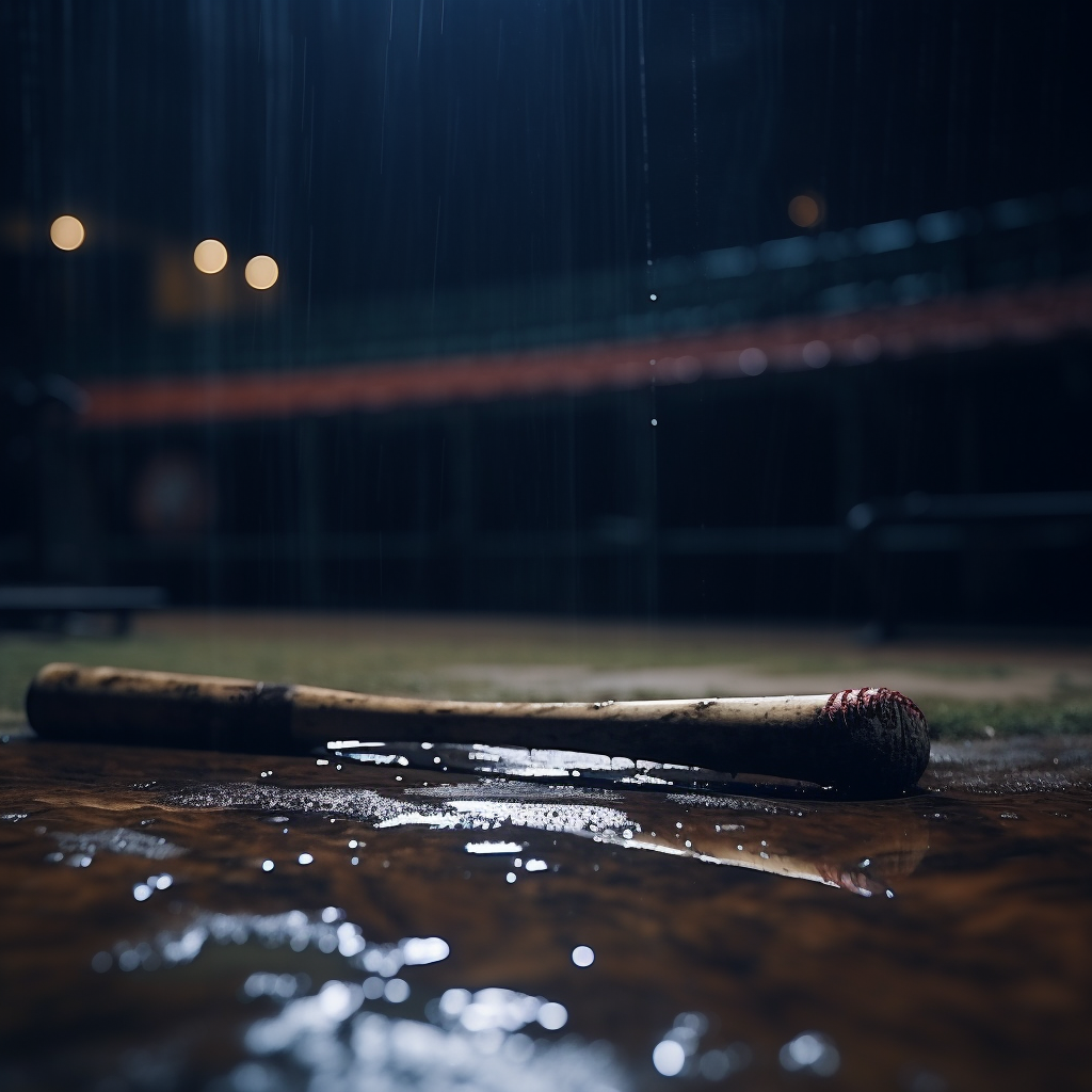 Close-up of baseball bat on rainy day floor