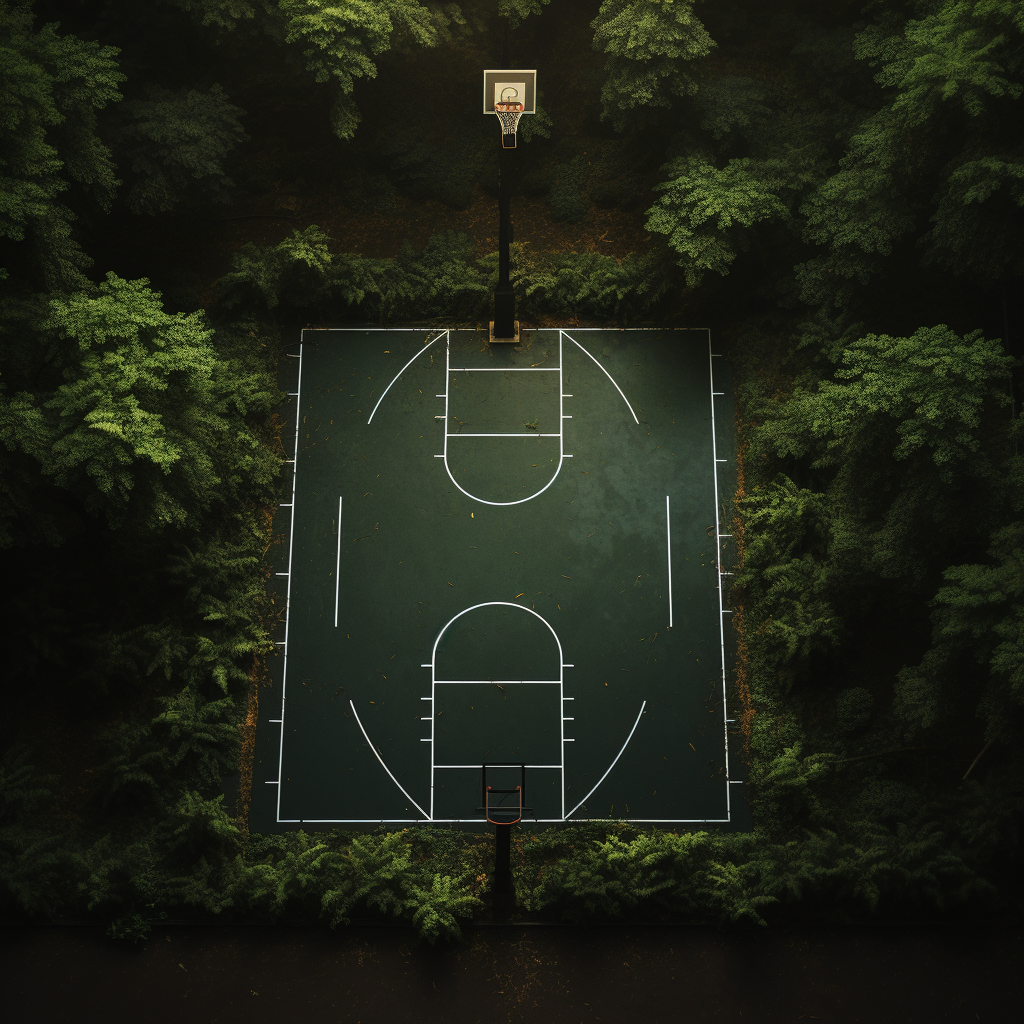 Basketball Court with Moss and Trees