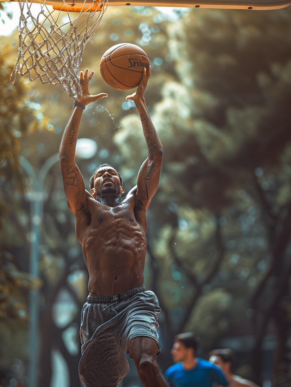 Basketball player slam dunking ball