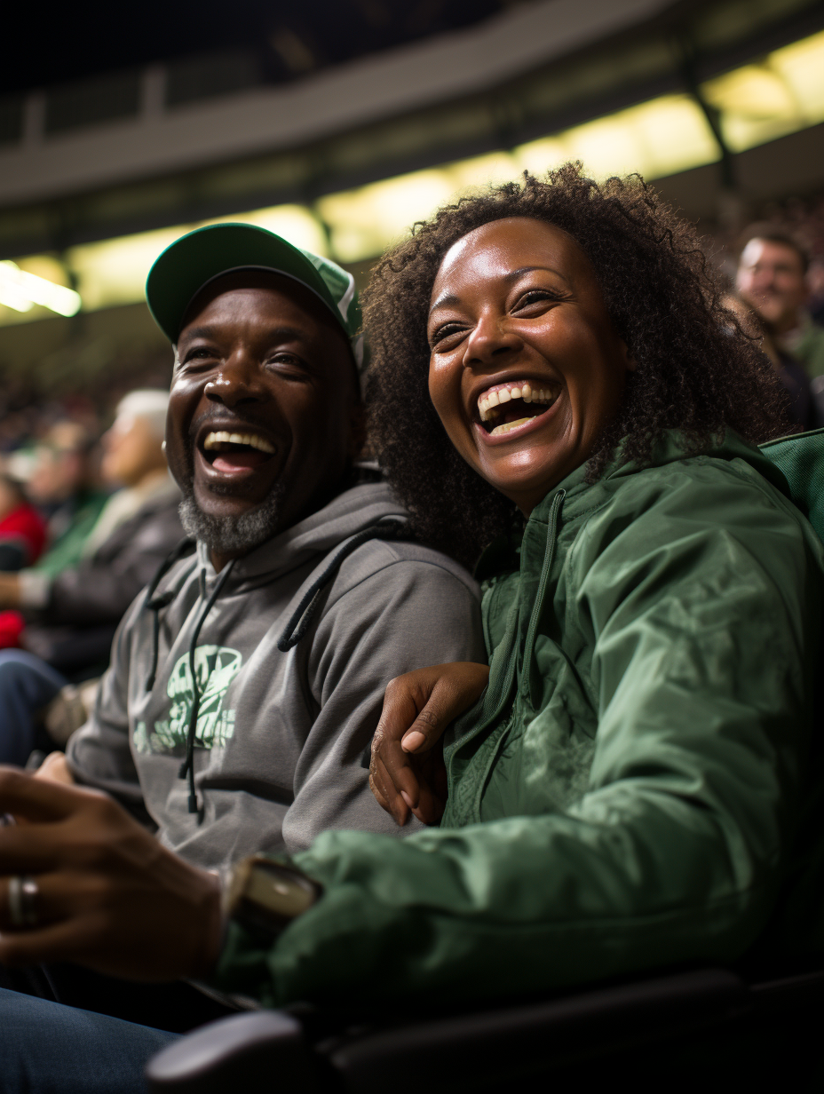 Basketball superfans cheering courtside in green