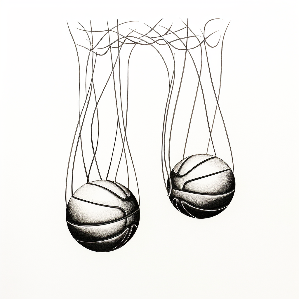 Minimalist basketballs suspended by laces on a white background