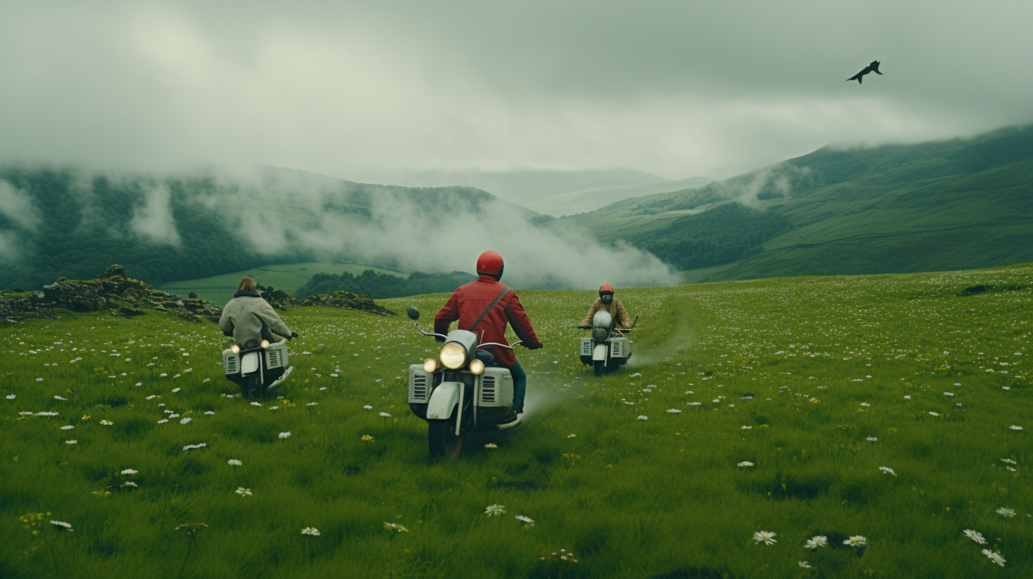 Futuristic motorcycle chase through Basque country field