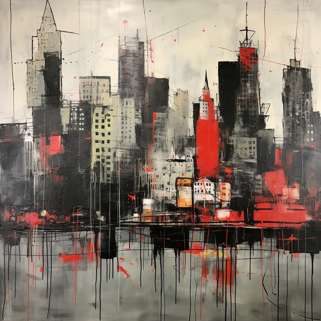 Basquiat-inspired cityscape with muted grey, green, and red tones