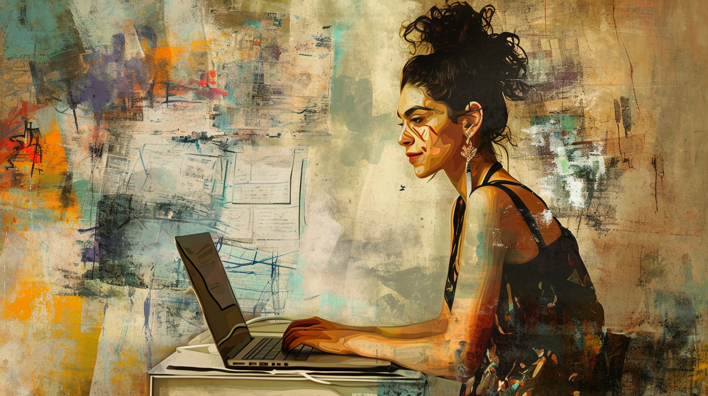 Hispanic woman working on laptop in Basquiat style