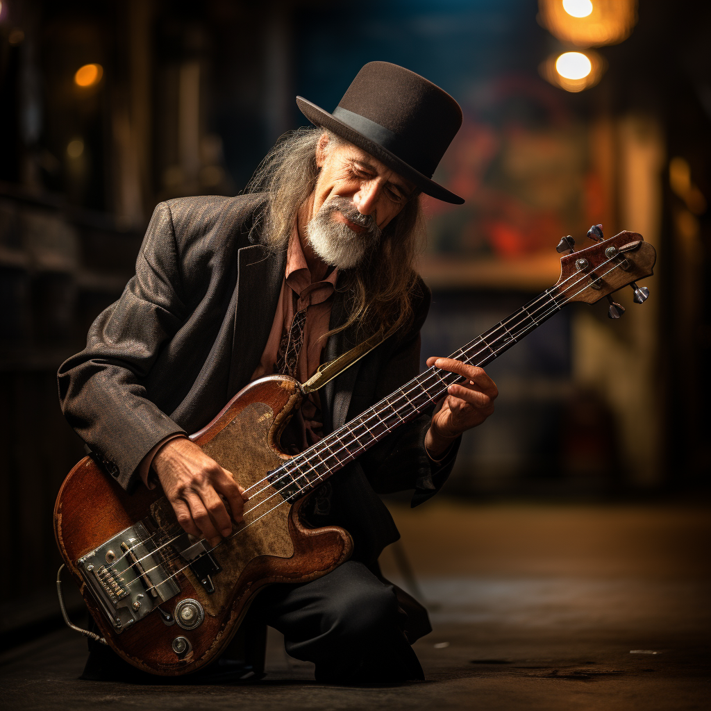 Talented bass guitar player performing in vaudeville