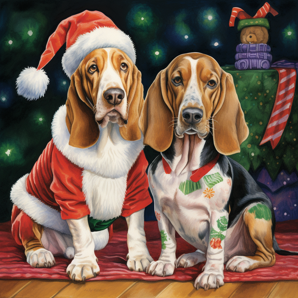 Two Basset Hounds and Siamese Cat in Ugly Christmas Sweaters