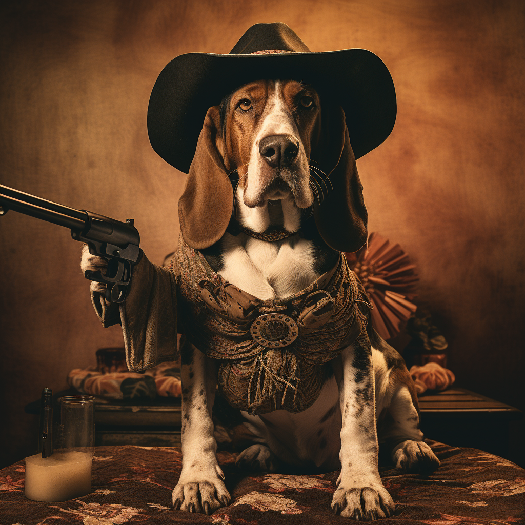 Basset Hound dressed as gunfighter