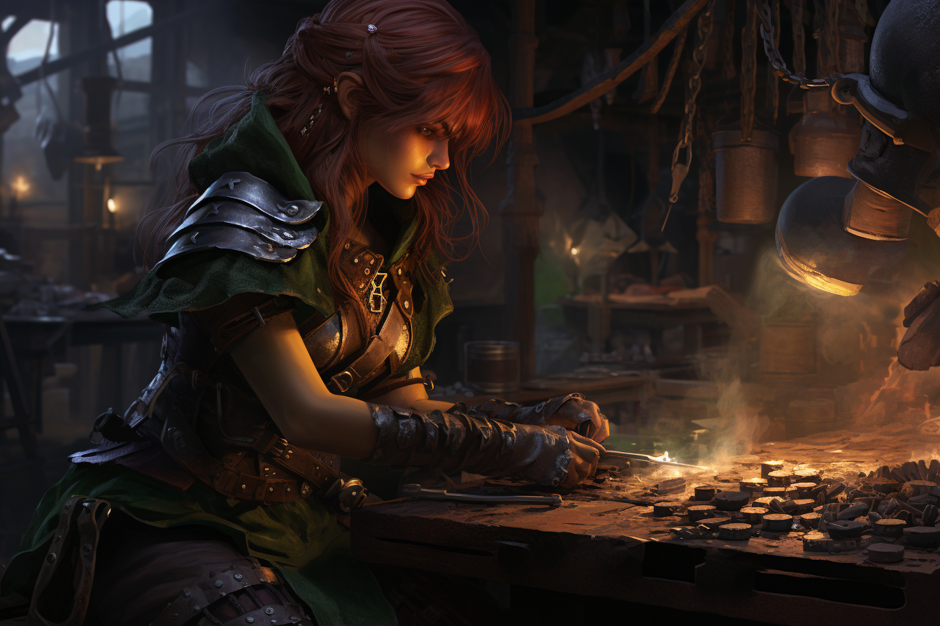 Green-skinned Batfolk working as blacksmith