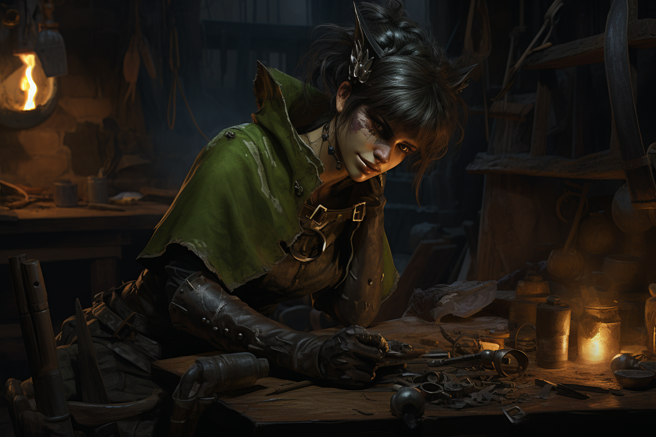 Green-skinned Bat Folk Blacksmith creating a masterpiece