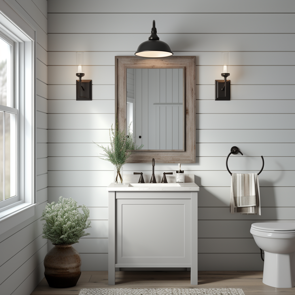 Modern bathroom with shiplap wall and sconce lighting