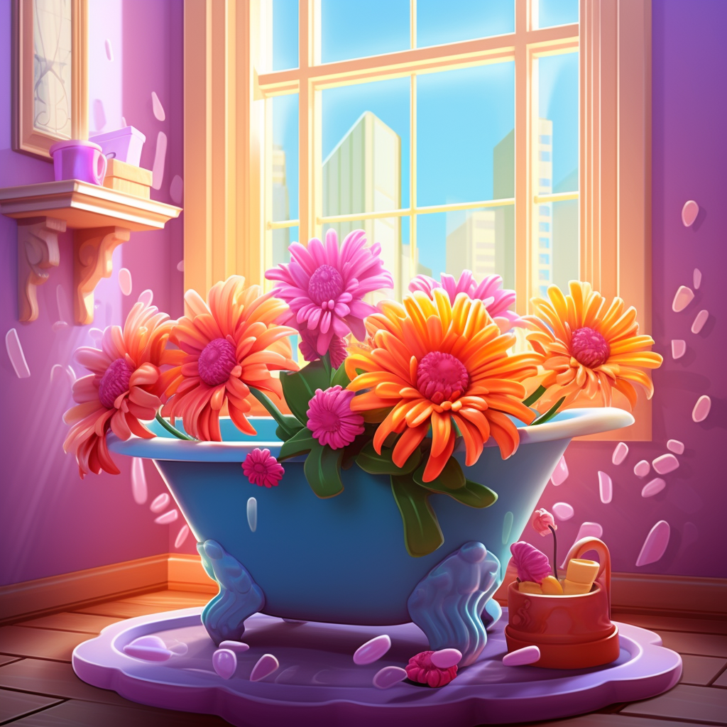 Cartoon-style bathroom with chrysanthemum decor