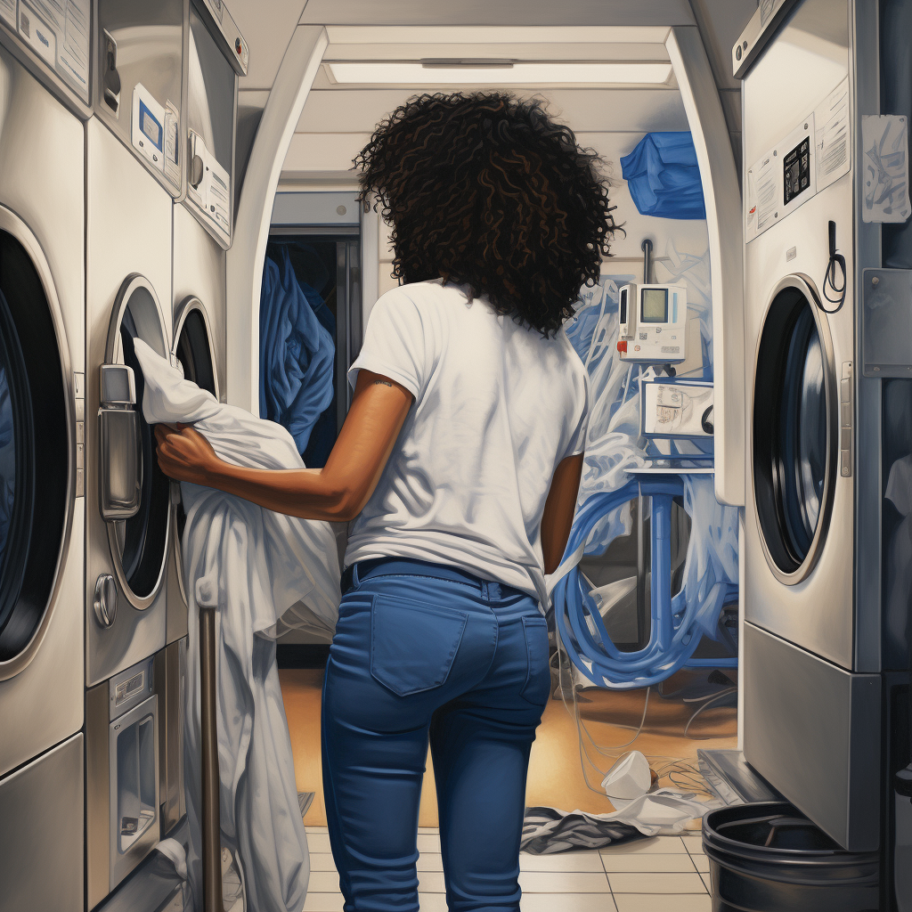 Woman Putting Laundry into Bathroom Machine