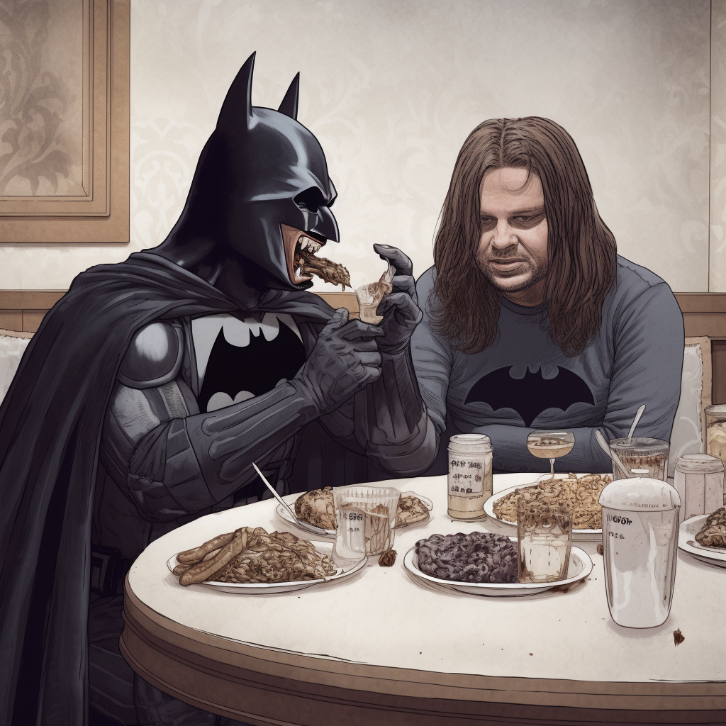 Batman enjoying a meal with Ozzy Osbourne