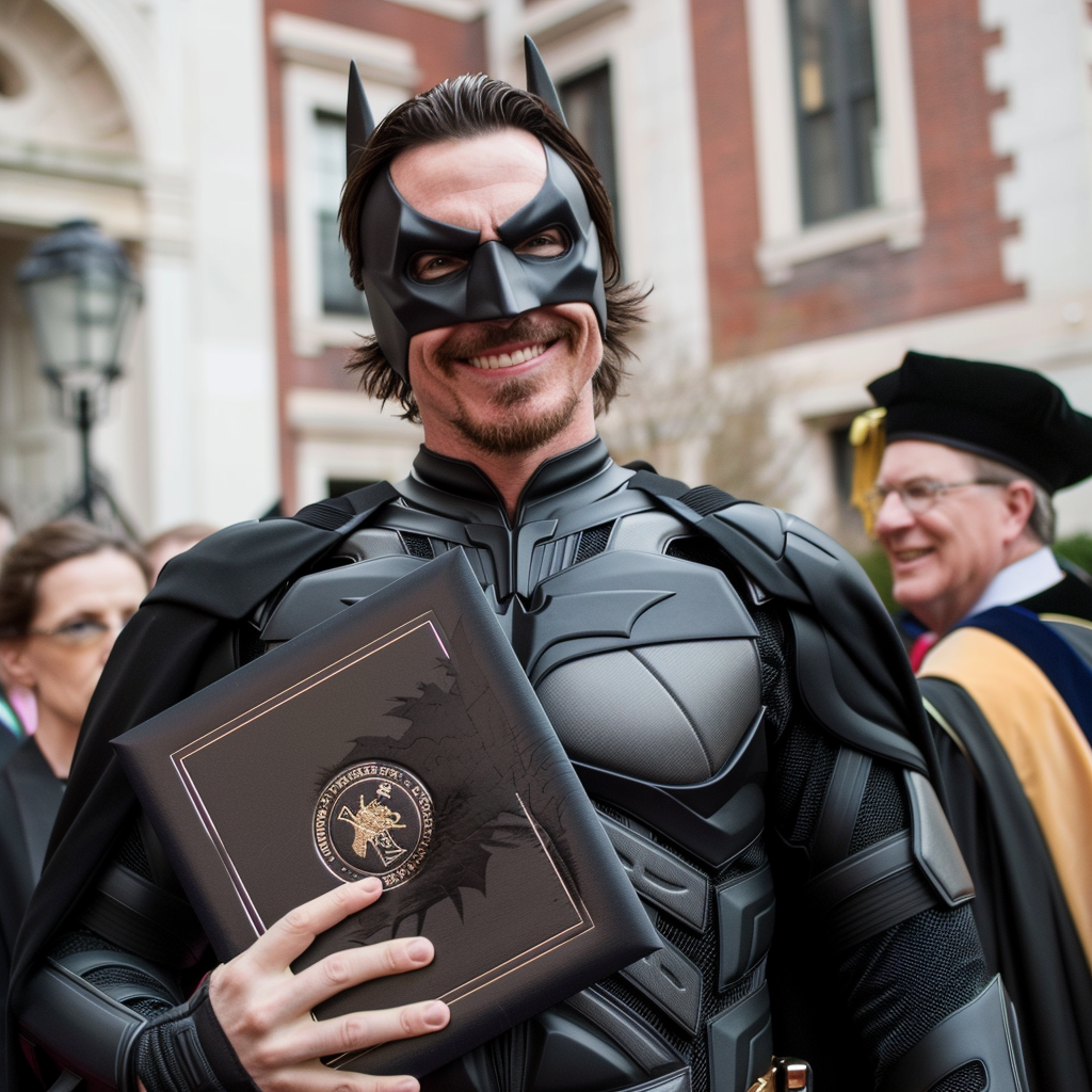 Batman with diploma at graduation ceremony