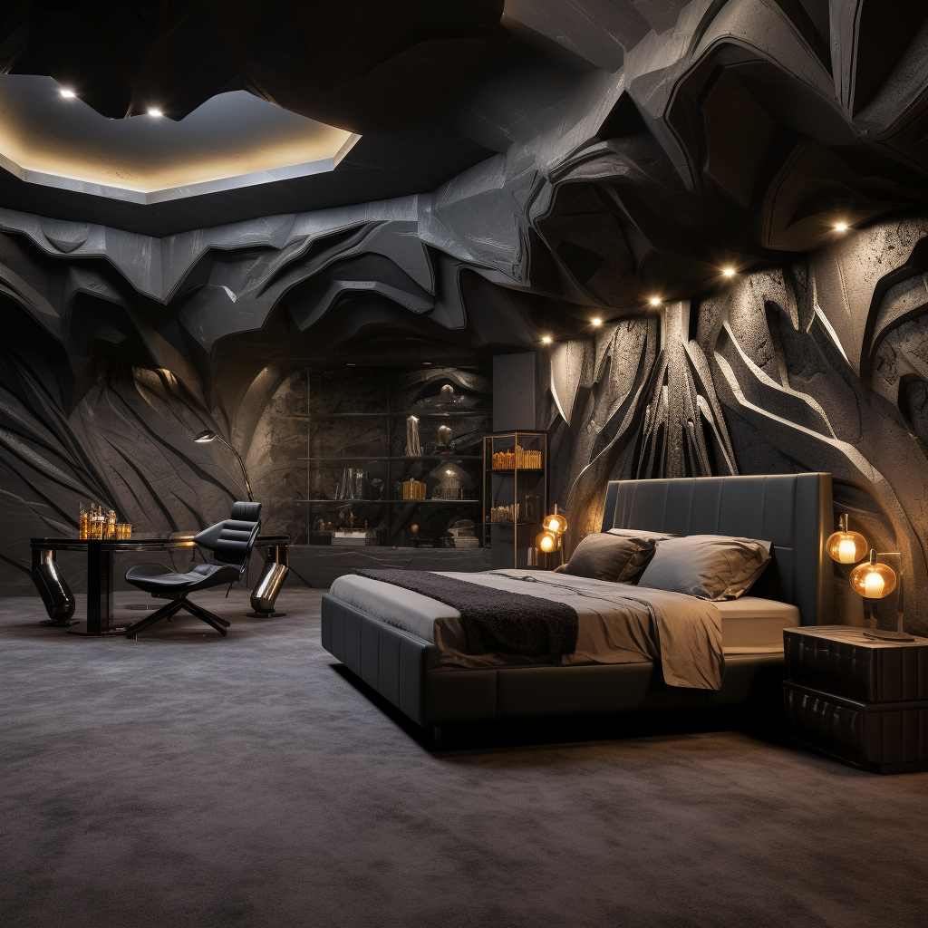 Elegant bedroom in a Batman-inspired mansion