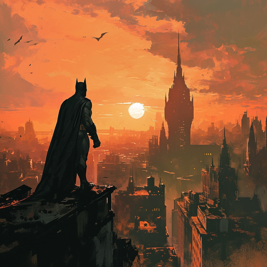 Batman reigning over Gotham cityscape in DC comic style