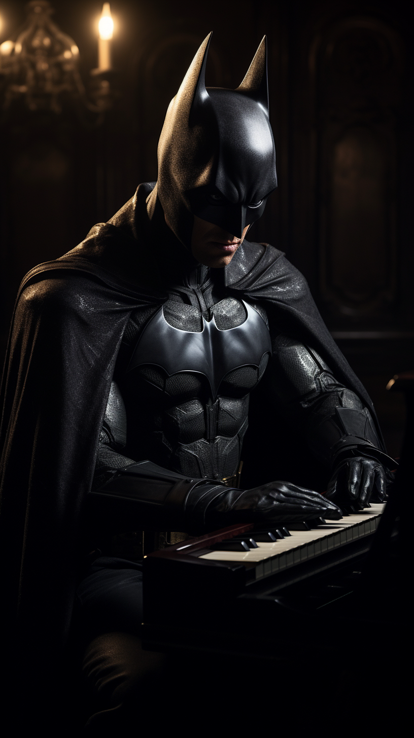 Batman passionately playing piano like a maestro