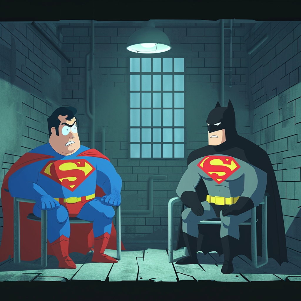 Batman and Superman in Interrogation Room