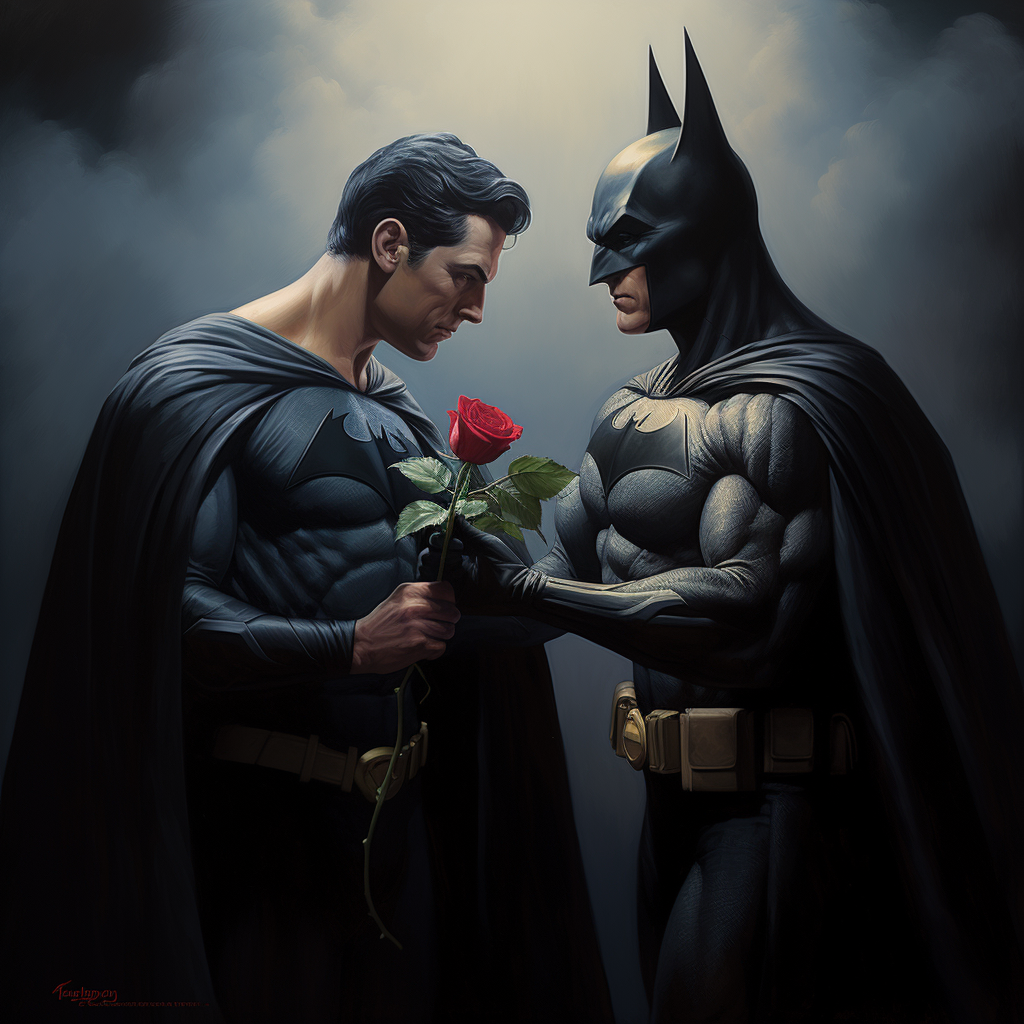 Batman giving rose to flying Superman