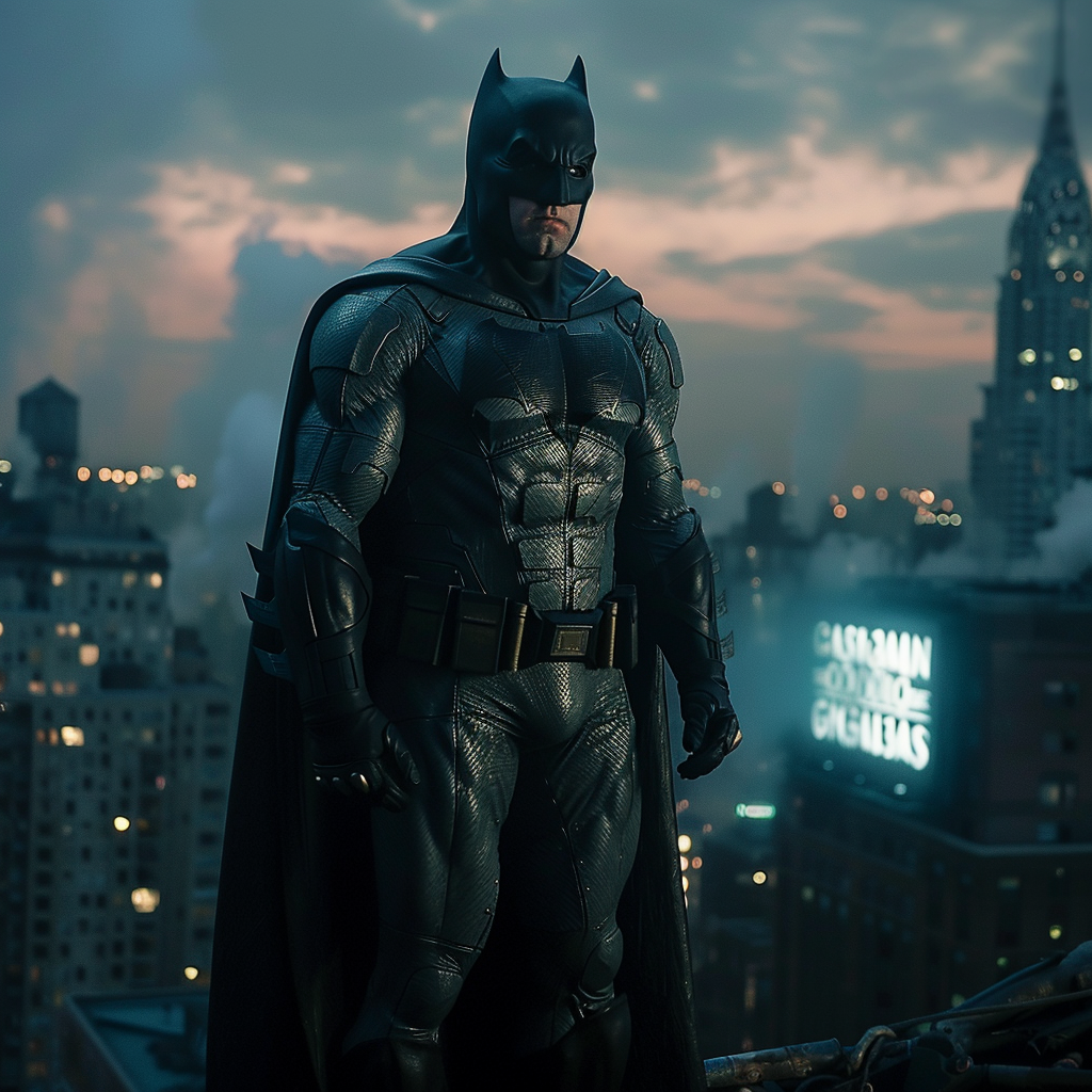 Batman overlooking city rooftop view