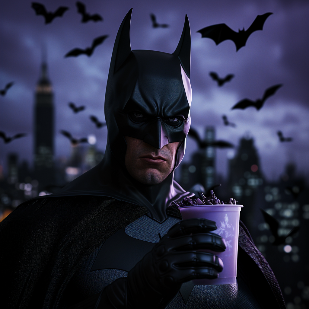 Batman holding cup with purple liquid surrounded by bats