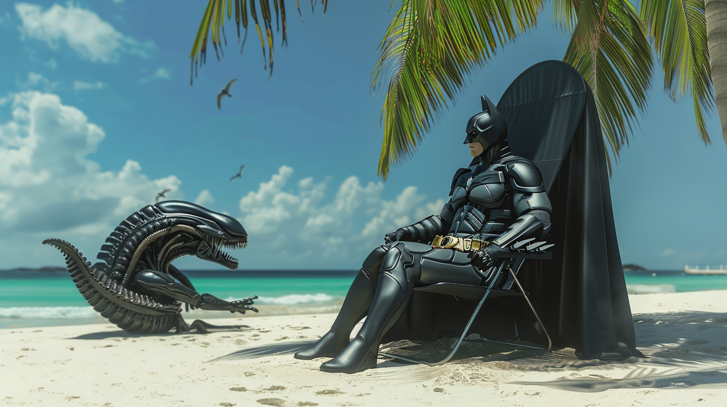 Batman and Xenomorph at Tropical Beach Resort