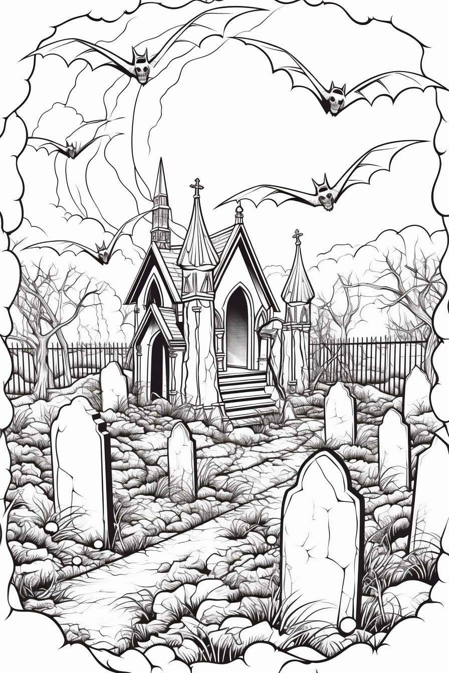 Bats in Cemetery Coloring Book